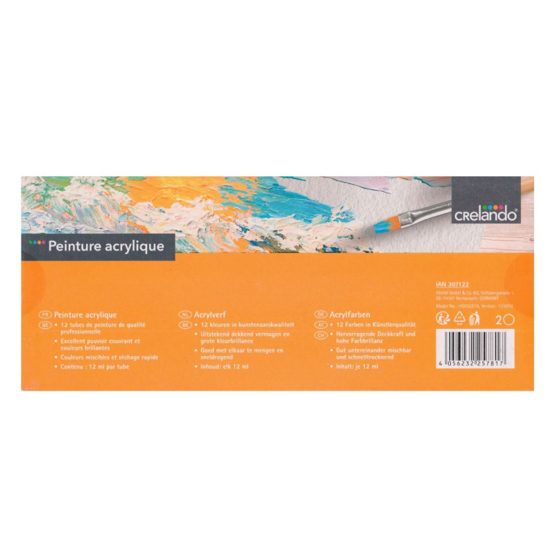 مجموعه 12 رنگ اکریلیک تیوپی 12 میلی لیتر کرلاندو | CRELANDO