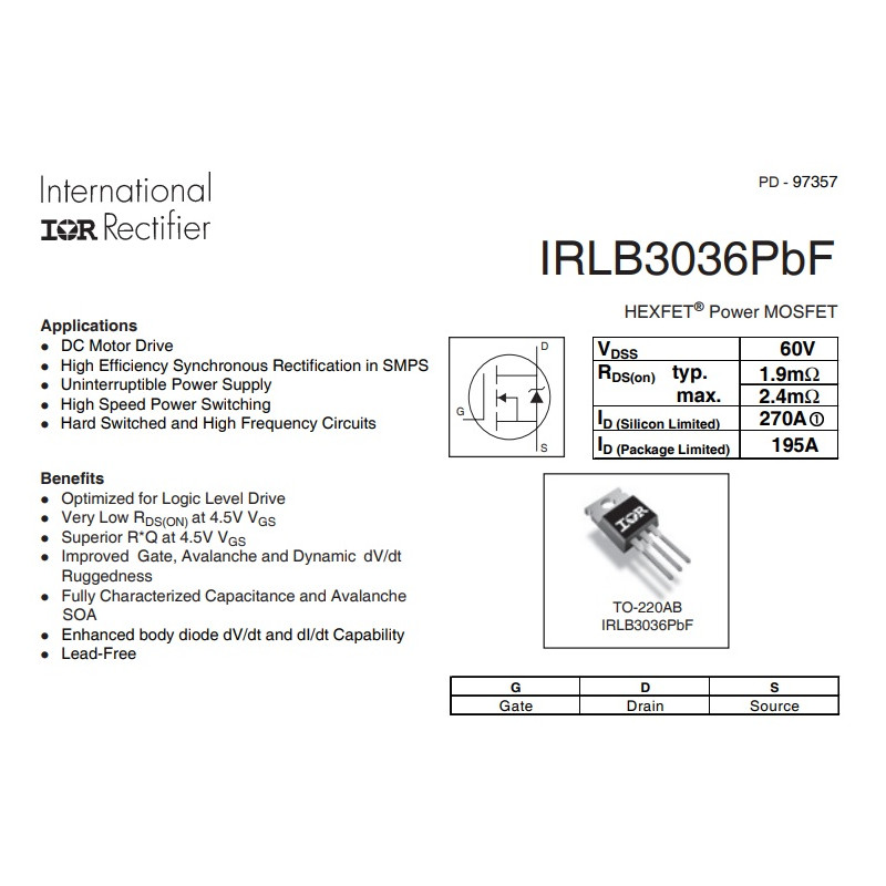 ماسفت کانال N اصلی پارت نامبر IRLB3036
